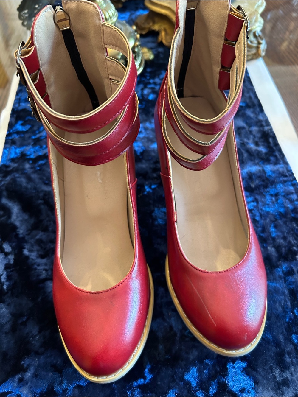 Women's Red Ankle-Strap Platform Heels